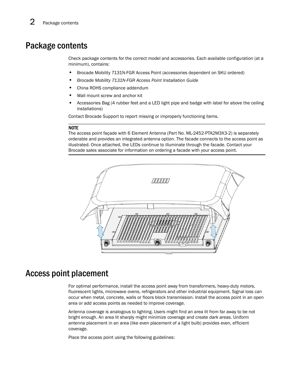 Package contents, Access point placement, Package contents access point placement | Brocade Mobility 7131N-FGR Access Point Product Reference Guide (Supporting software release 4.0.0.0-35GRN and later) User Manual | Page 36 / 593