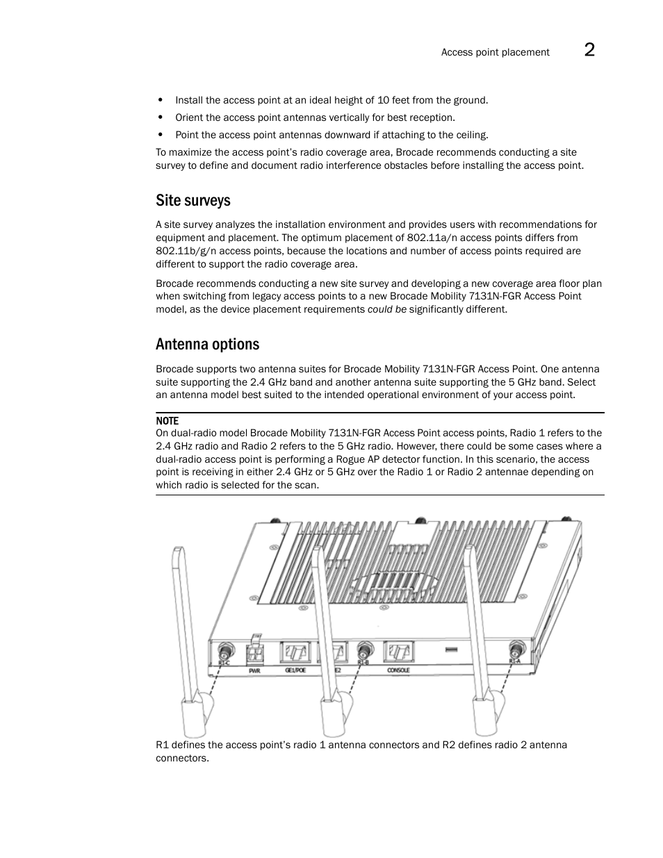 Site surveys, Antenna options, Site surveys antenna options | Brocade Mobility 7131N-FGR Access Point Product Reference Guide (Supporting software release 4.0.0.0-35GRN and later) User Manual | Page 37 / 593