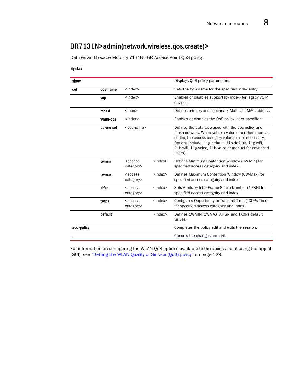 Br7131n>admin(network.wireless.qos.create) | Brocade Mobility 7131N-FGR Access Point Product Reference Guide (Supporting software release 4.0.0.0-35GRN and later) User Manual | Page 379 / 593