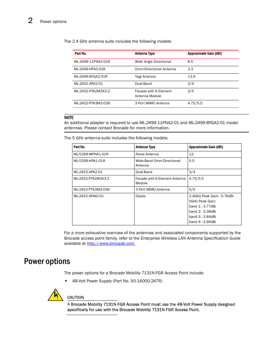 Power options | Brocade Mobility 7131N-FGR Access Point Product Reference Guide (Supporting software release 4.0.0.0-35GRN and later) User Manual | Page 38 / 593