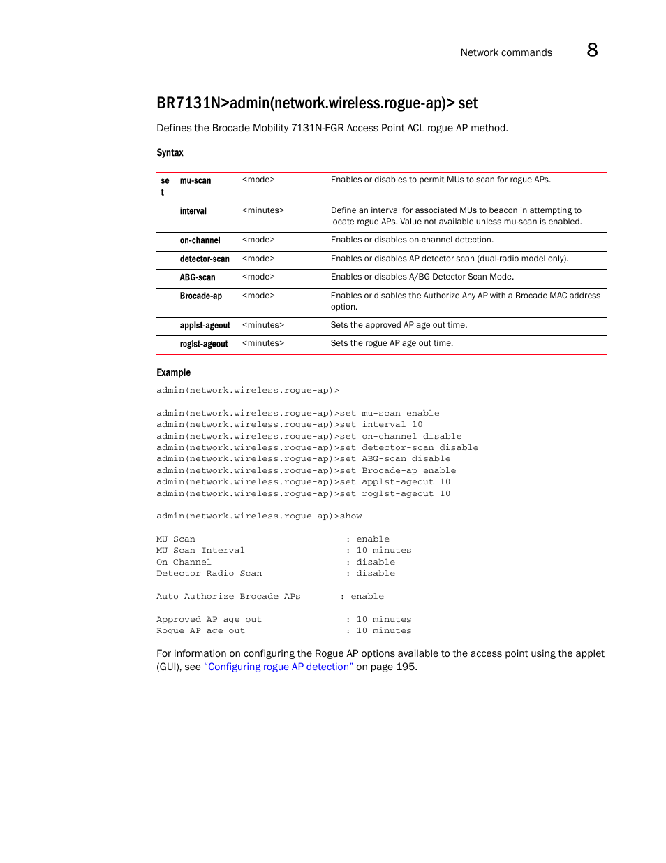 Br7131n>admin(network.wireless.rogue-ap)> set | Brocade Mobility 7131N-FGR Access Point Product Reference Guide (Supporting software release 4.0.0.0-35GRN and later) User Manual | Page 387 / 593