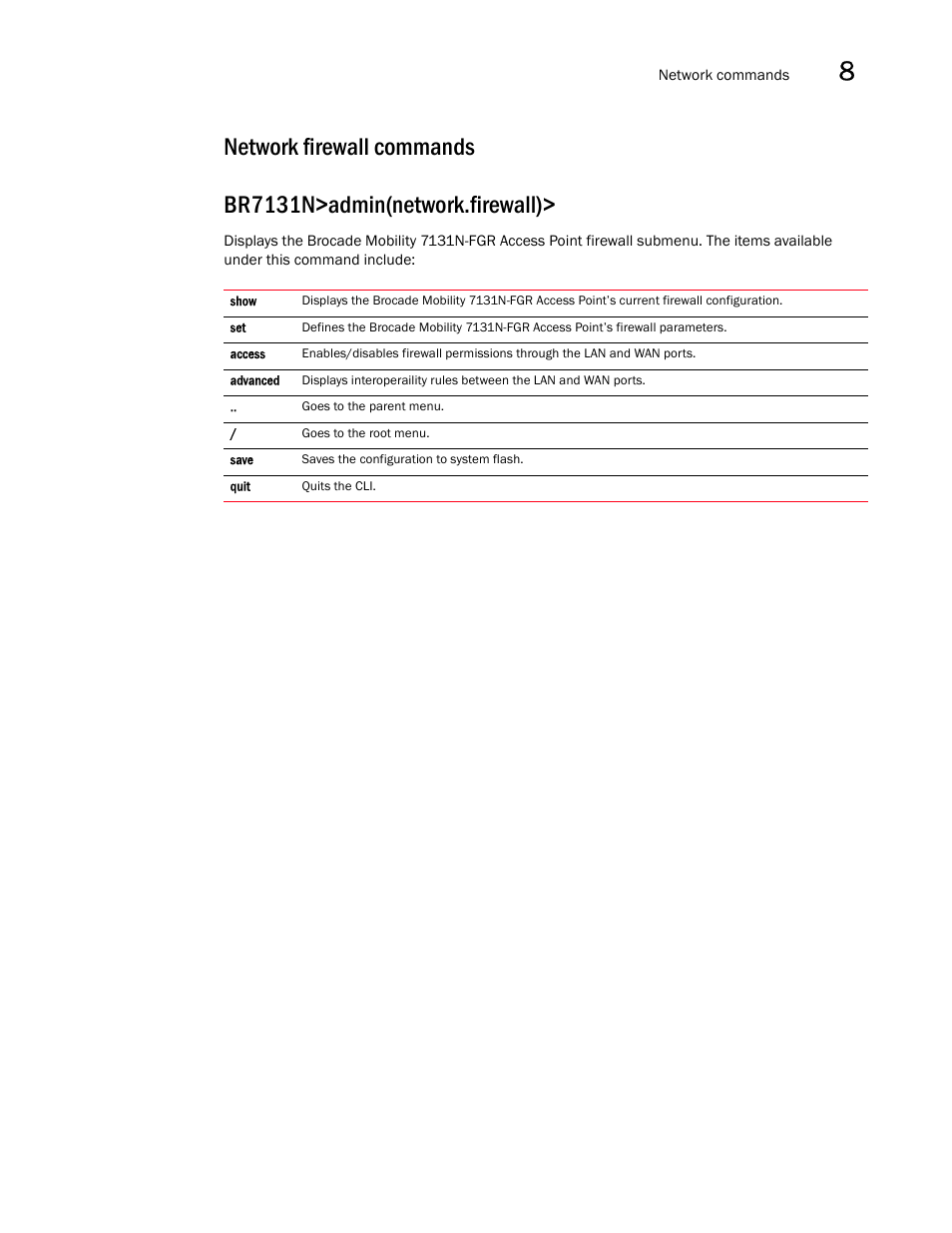 Network firewall commands | Brocade Mobility 7131N-FGR Access Point Product Reference Guide (Supporting software release 4.0.0.0-35GRN and later) User Manual | Page 401 / 593