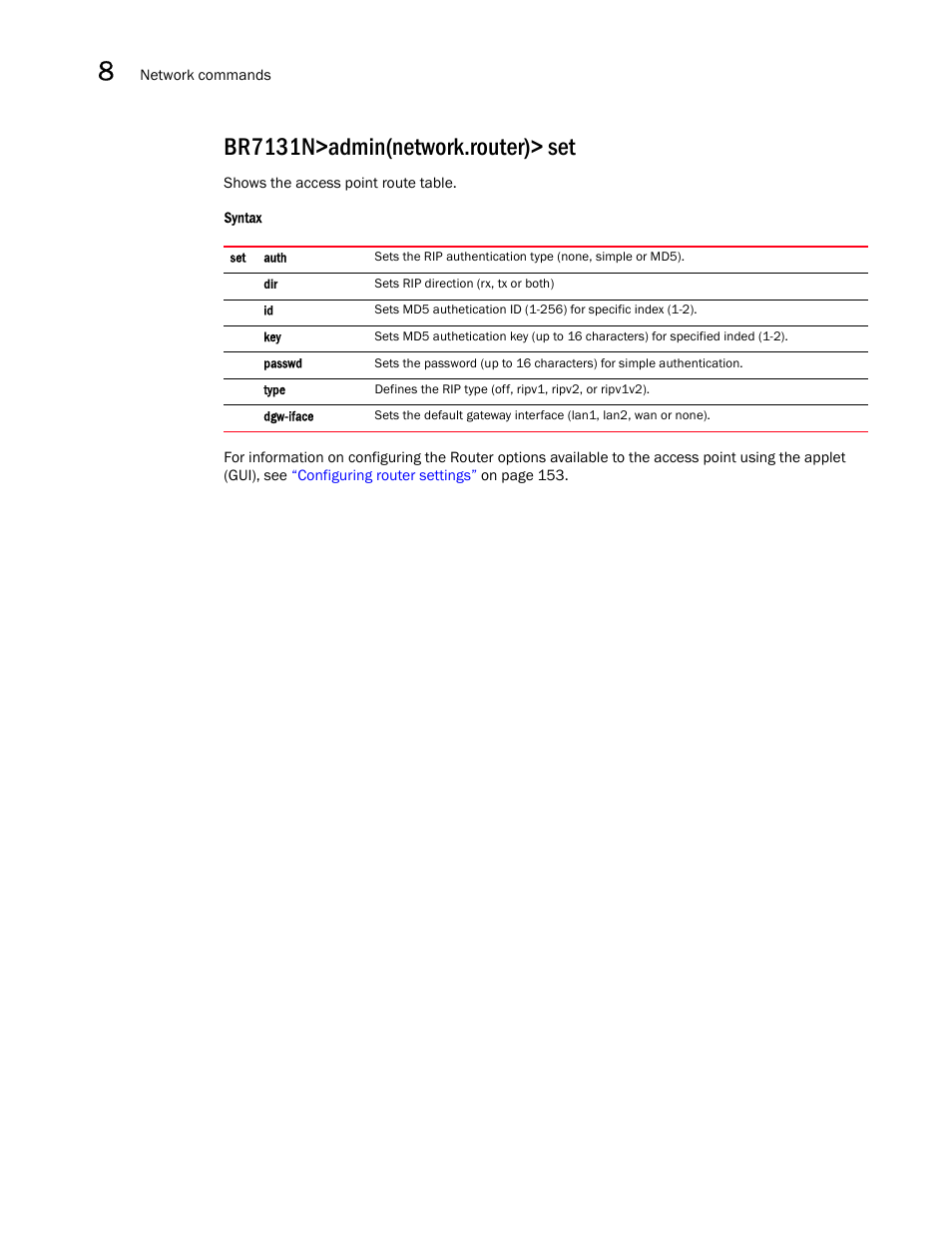Br7131n>admin(network.router)> set | Brocade Mobility 7131N-FGR Access Point Product Reference Guide (Supporting software release 4.0.0.0-35GRN and later) User Manual | Page 408 / 593