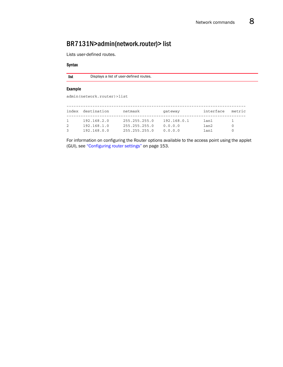 Br7131n>admin(network.router)> list | Brocade Mobility 7131N-FGR Access Point Product Reference Guide (Supporting software release 4.0.0.0-35GRN and later) User Manual | Page 411 / 593