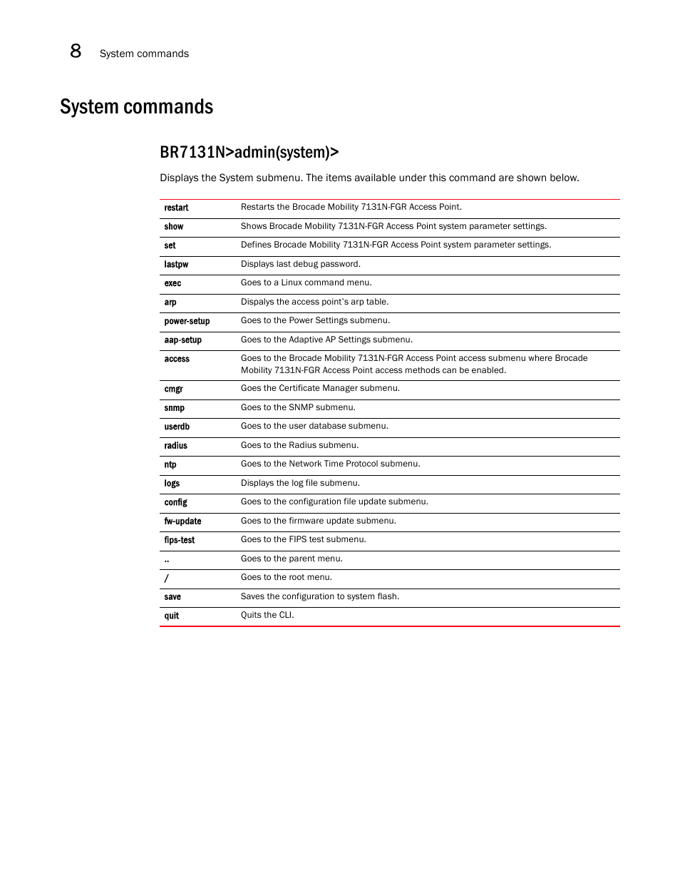 System commands, Br7131n>admin(system) | Brocade Mobility 7131N-FGR Access Point Product Reference Guide (Supporting software release 4.0.0.0-35GRN and later) User Manual | Page 412 / 593