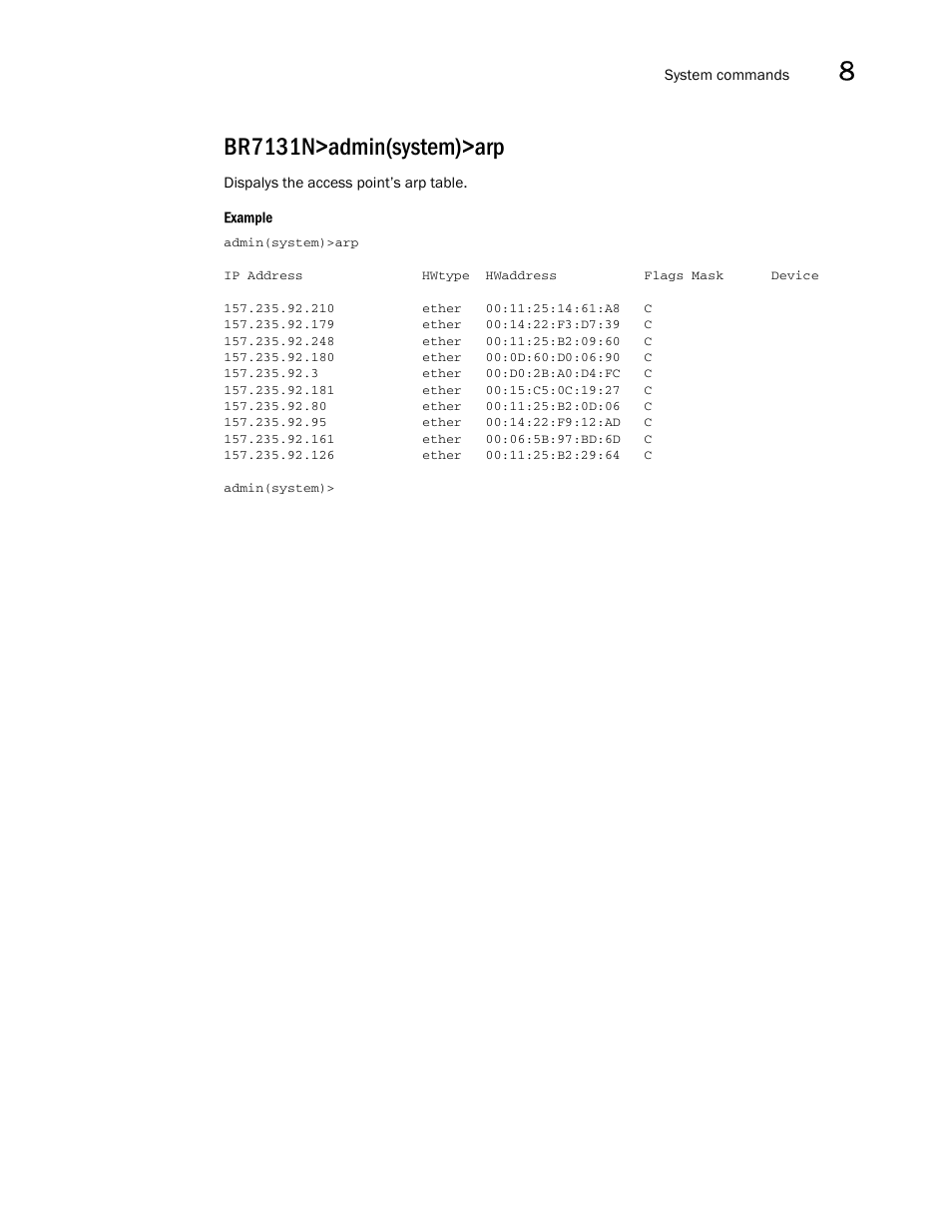 Br7131n>admin(system)>arp | Brocade Mobility 7131N-FGR Access Point Product Reference Guide (Supporting software release 4.0.0.0-35GRN and later) User Manual | Page 417 / 593