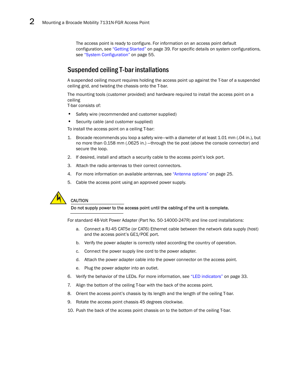 Suspended ceiling t-bar installations | Brocade Mobility 7131N-FGR Access Point Product Reference Guide (Supporting software release 4.0.0.0-35GRN and later) User Manual | Page 42 / 593