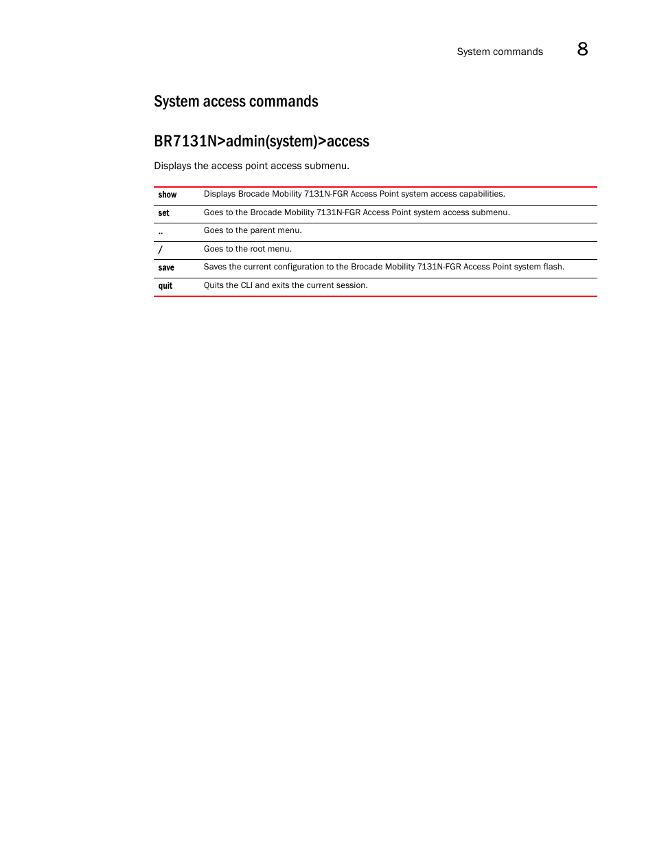 System access commands | Brocade Mobility 7131N-FGR Access Point Product Reference Guide (Supporting software release 4.0.0.0-35GRN and later) User Manual | Page 425 / 593