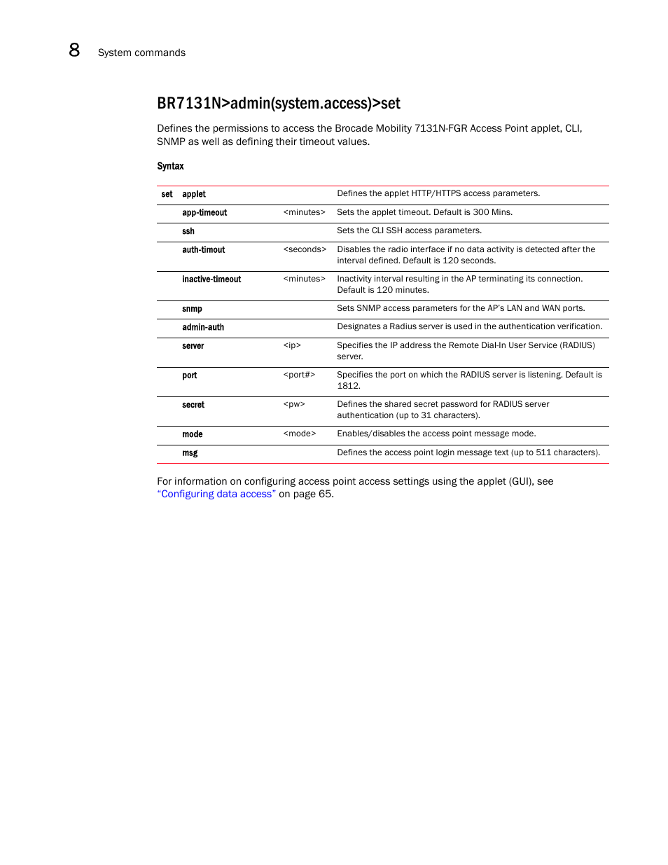 Br7131n>admin(system.access)>set | Brocade Mobility 7131N-FGR Access Point Product Reference Guide (Supporting software release 4.0.0.0-35GRN and later) User Manual | Page 426 / 593