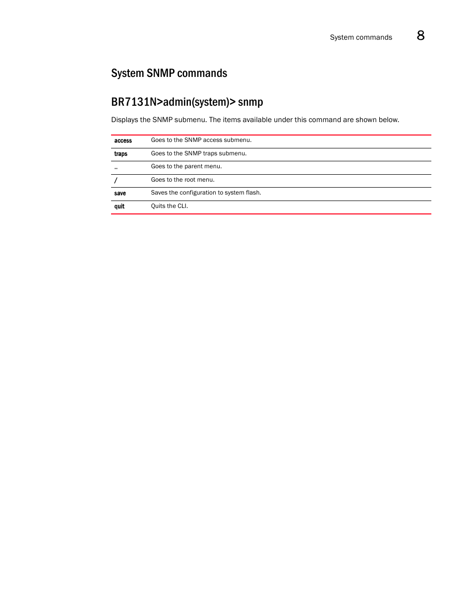 System snmp commands, System snmp commands br7131n>admin(system)> snmp | Brocade Mobility 7131N-FGR Access Point Product Reference Guide (Supporting software release 4.0.0.0-35GRN and later) User Manual | Page 441 / 593