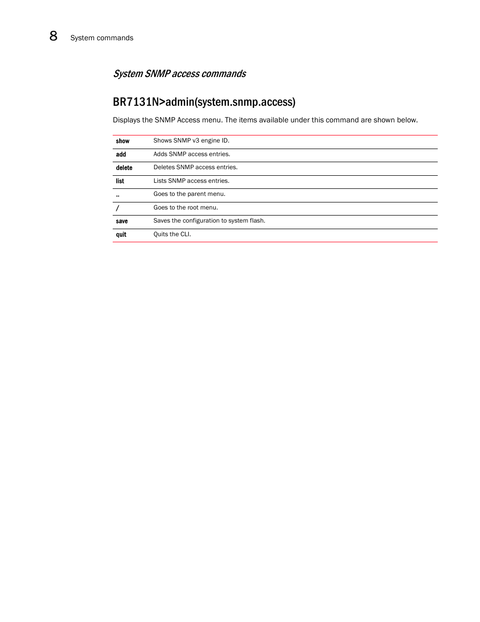 Br7131n>admin(system.snmp.access), System snmp access commands | Brocade Mobility 7131N-FGR Access Point Product Reference Guide (Supporting software release 4.0.0.0-35GRN and later) User Manual | Page 442 / 593