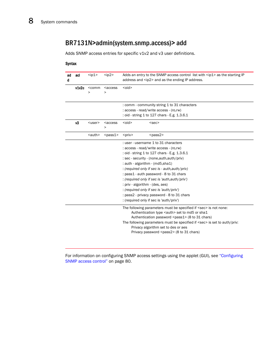 Br7131n>admin(system.snmp.access)> add | Brocade Mobility 7131N-FGR Access Point Product Reference Guide (Supporting software release 4.0.0.0-35GRN and later) User Manual | Page 444 / 593