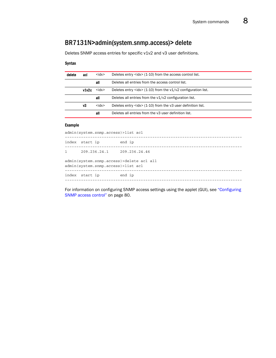 Br7131n>admin(system.snmp.access)> delete | Brocade Mobility 7131N-FGR Access Point Product Reference Guide (Supporting software release 4.0.0.0-35GRN and later) User Manual | Page 445 / 593
