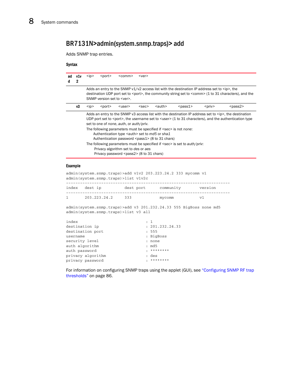 Br7131n>admin(system.snmp.traps)> add | Brocade Mobility 7131N-FGR Access Point Product Reference Guide (Supporting software release 4.0.0.0-35GRN and later) User Manual | Page 450 / 593