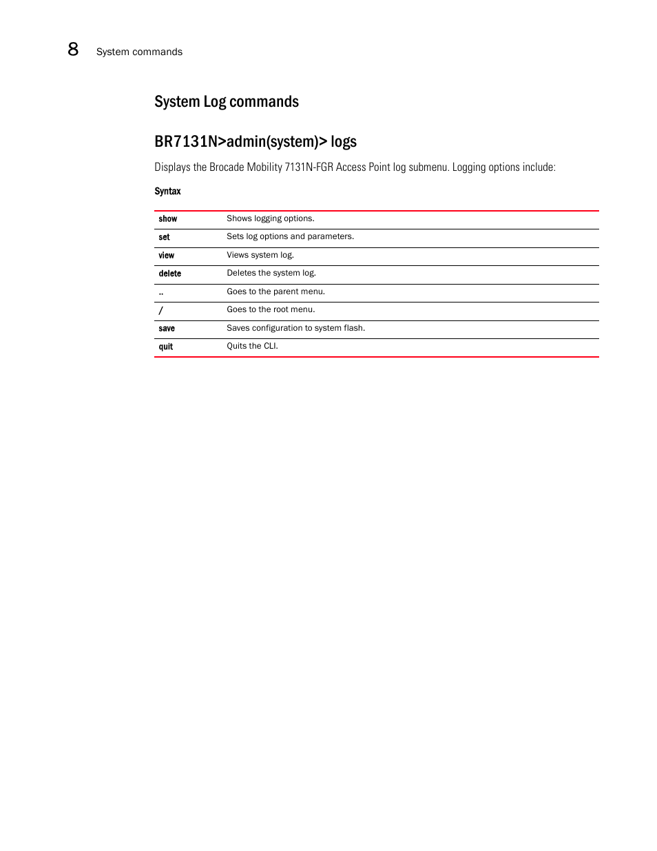 System log commands, System log commands br7131n>admin(system)> logs | Brocade Mobility 7131N-FGR Access Point Product Reference Guide (Supporting software release 4.0.0.0-35GRN and later) User Manual | Page 494 / 593