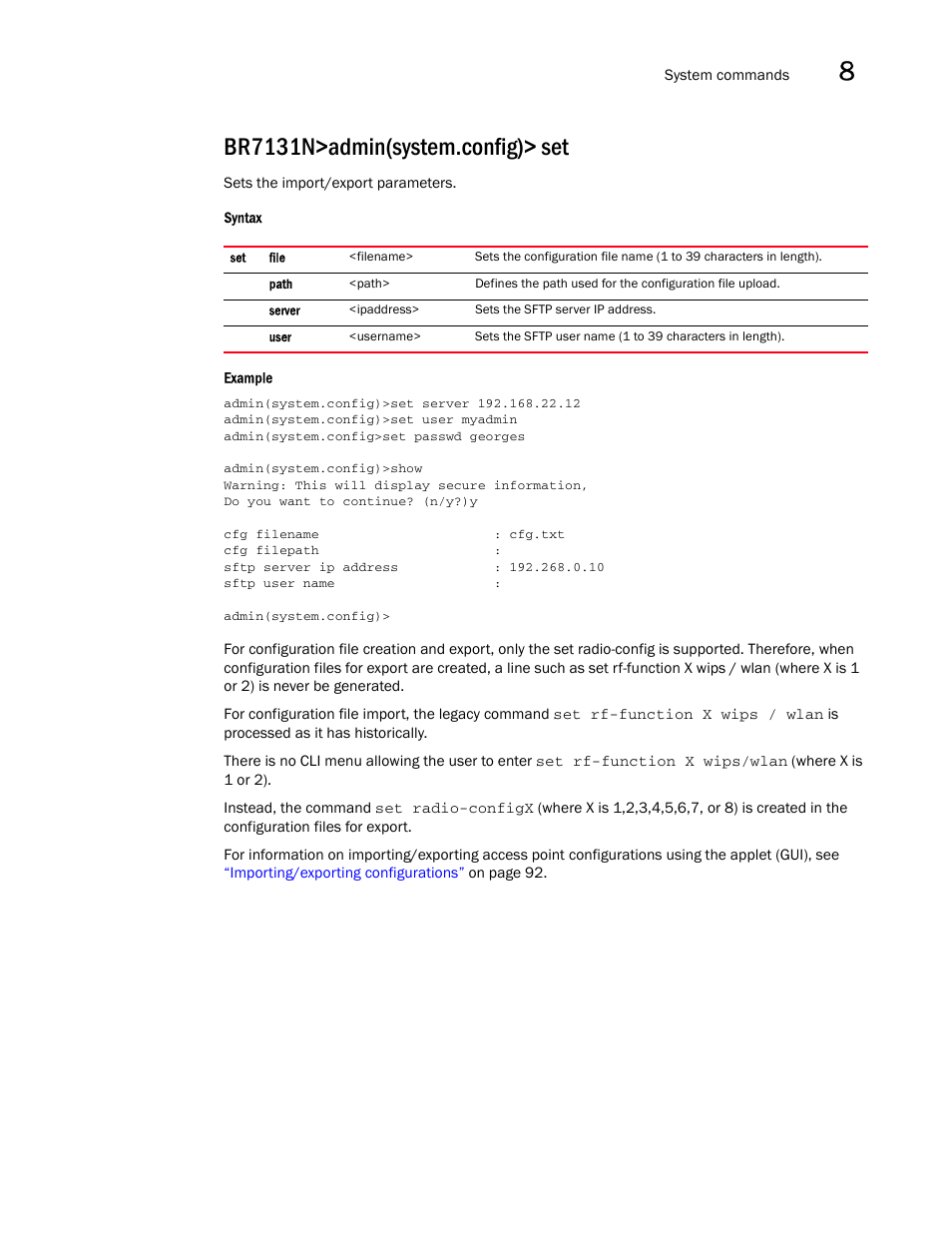 Br7131n>admin(system.config)> set | Brocade Mobility 7131N-FGR Access Point Product Reference Guide (Supporting software release 4.0.0.0-35GRN and later) User Manual | Page 503 / 593