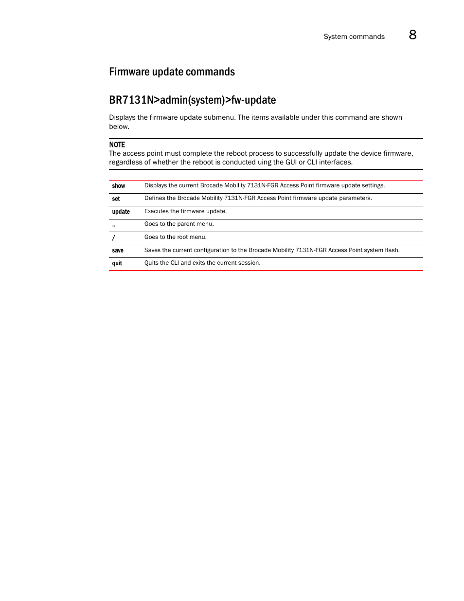 Firmware update commands | Brocade Mobility 7131N-FGR Access Point Product Reference Guide (Supporting software release 4.0.0.0-35GRN and later) User Manual | Page 507 / 593