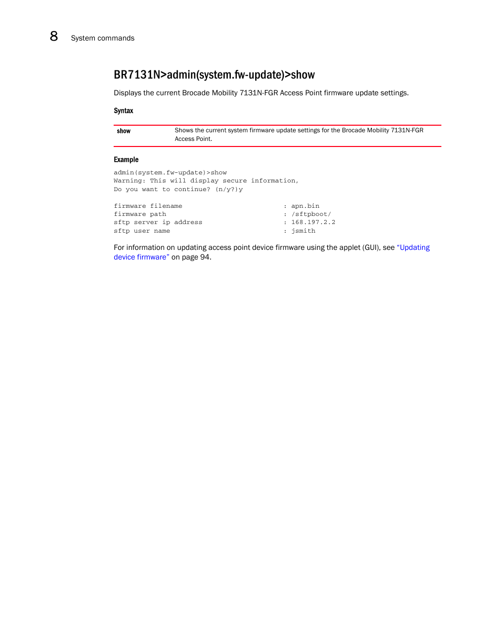 Br7131n>admin(system.fw-update)>show | Brocade Mobility 7131N-FGR Access Point Product Reference Guide (Supporting software release 4.0.0.0-35GRN and later) User Manual | Page 508 / 593