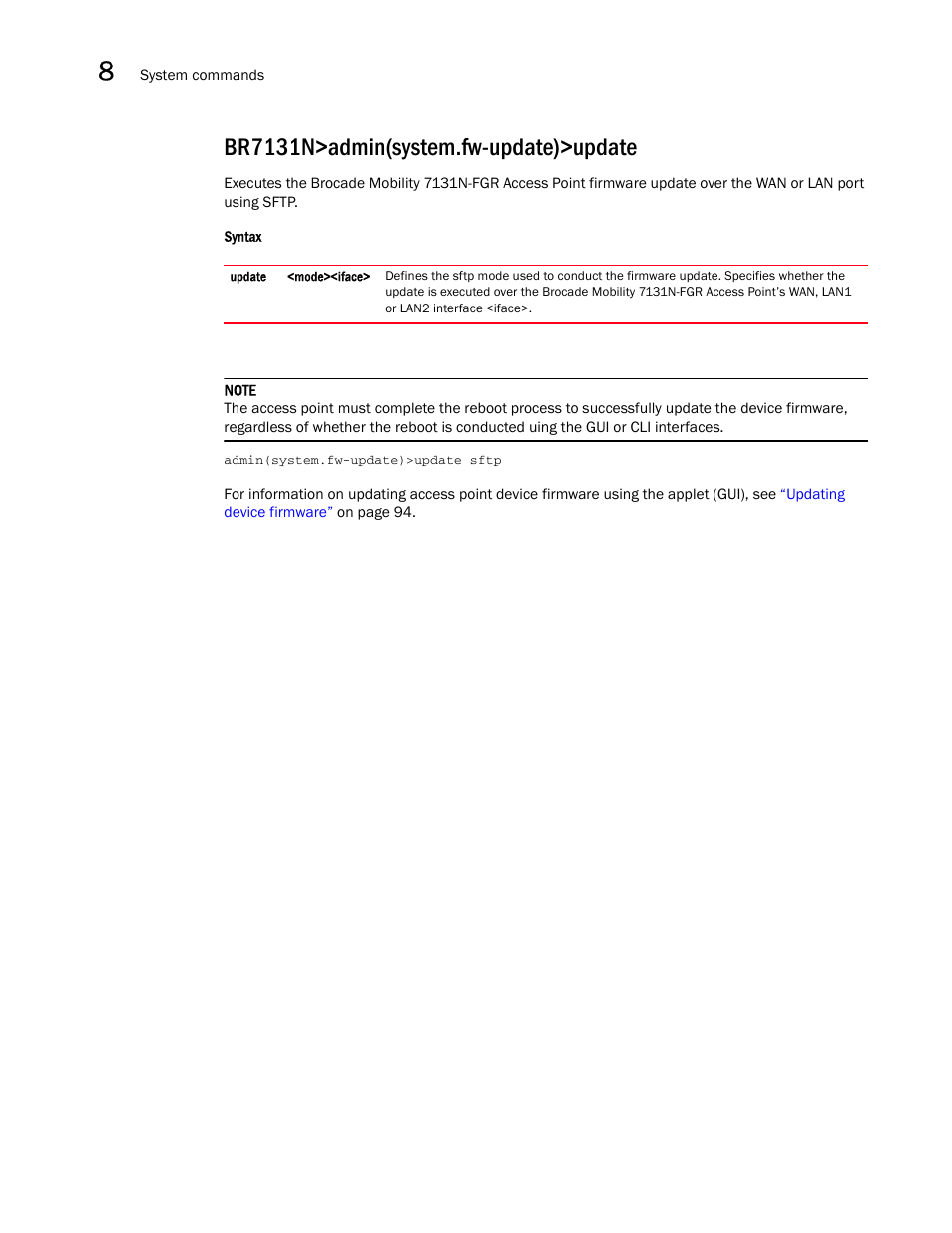 Br7131n>admin(system.fw-update)>update | Brocade Mobility 7131N-FGR Access Point Product Reference Guide (Supporting software release 4.0.0.0-35GRN and later) User Manual | Page 510 / 593