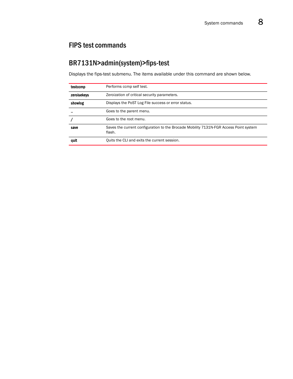 Fips test commands, Fips test commands br7131n>admin(system)>fips-test | Brocade Mobility 7131N-FGR Access Point Product Reference Guide (Supporting software release 4.0.0.0-35GRN and later) User Manual | Page 511 / 593