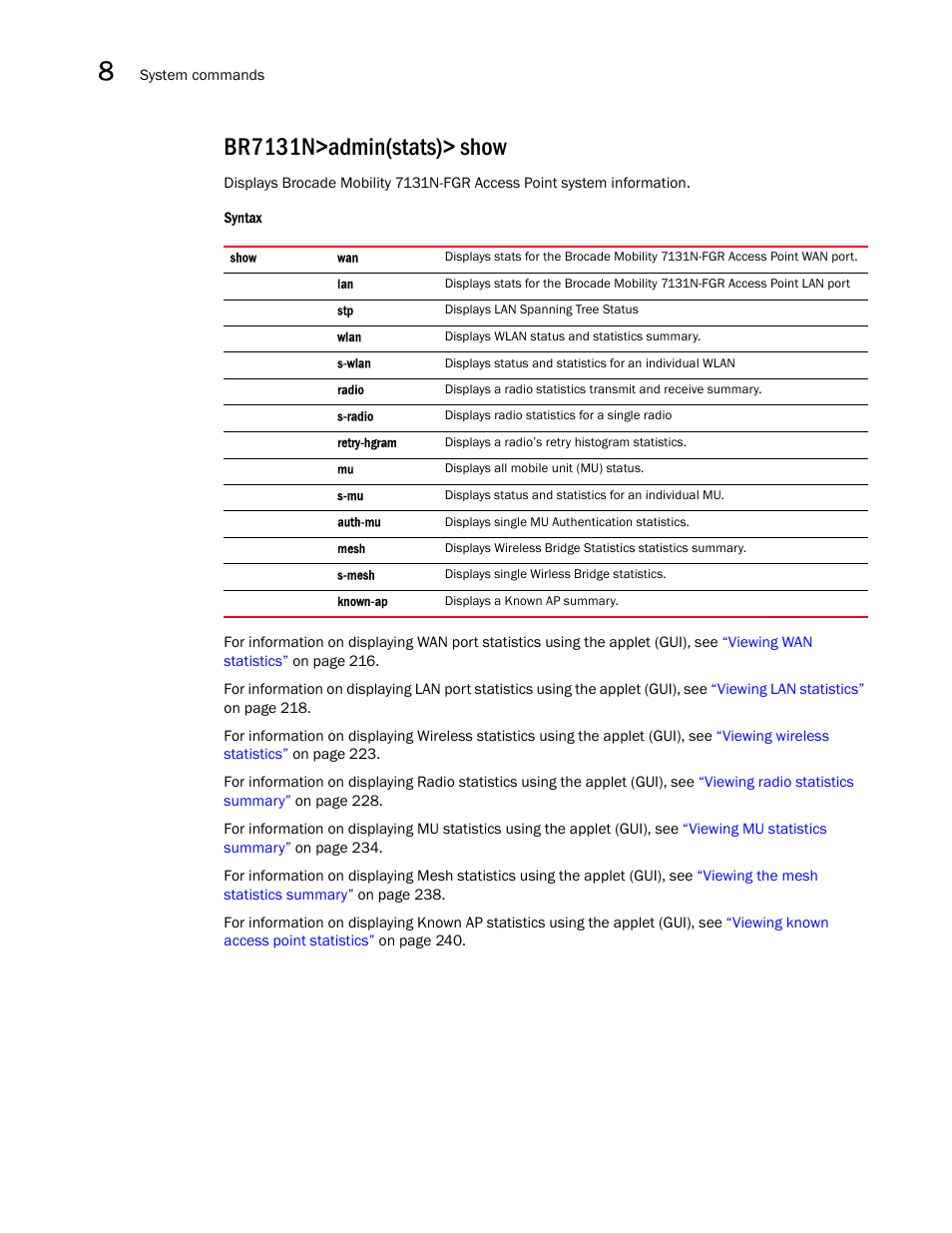 Br7131n>admin(stats)> show | Brocade Mobility 7131N-FGR Access Point Product Reference Guide (Supporting software release 4.0.0.0-35GRN and later) User Manual | Page 516 / 593