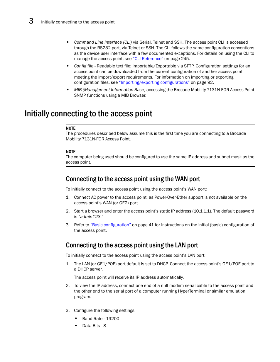 Initially connecting to the access point, Connecting to the access point using the wan port, Connecting to the access point using the lan port | Brocade Mobility 7131N-FGR Access Point Product Reference Guide (Supporting software release 4.0.0.0-35GRN and later) User Manual | Page 52 / 593