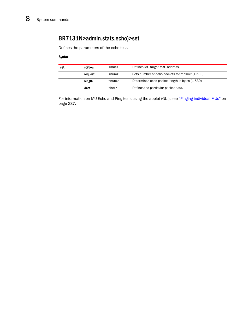 Br7131n>admin.stats.echo)>set | Brocade Mobility 7131N-FGR Access Point Product Reference Guide (Supporting software release 4.0.0.0-35GRN and later) User Manual | Page 524 / 593