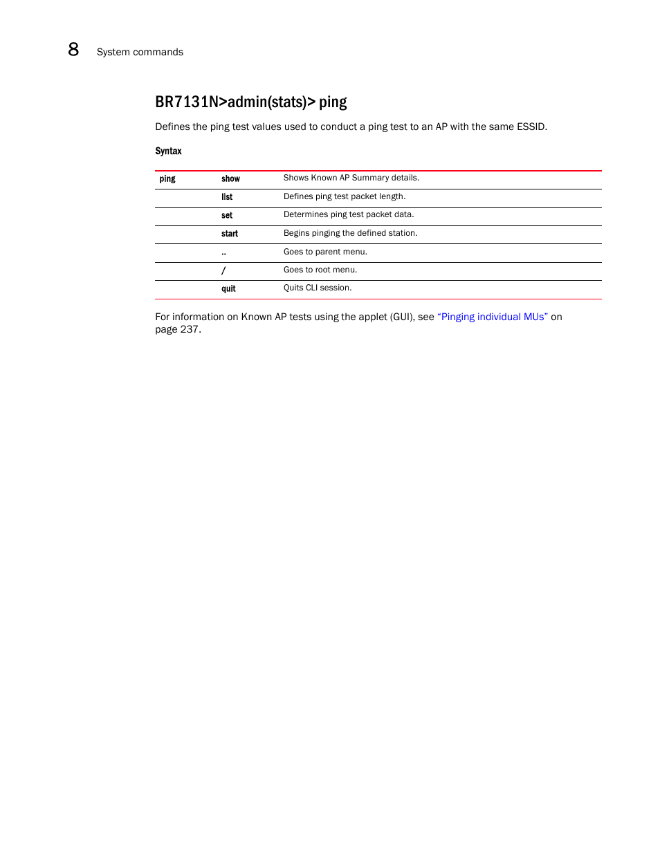 Br7131n>admin(stats)> ping | Brocade Mobility 7131N-FGR Access Point Product Reference Guide (Supporting software release 4.0.0.0-35GRN and later) User Manual | Page 526 / 593