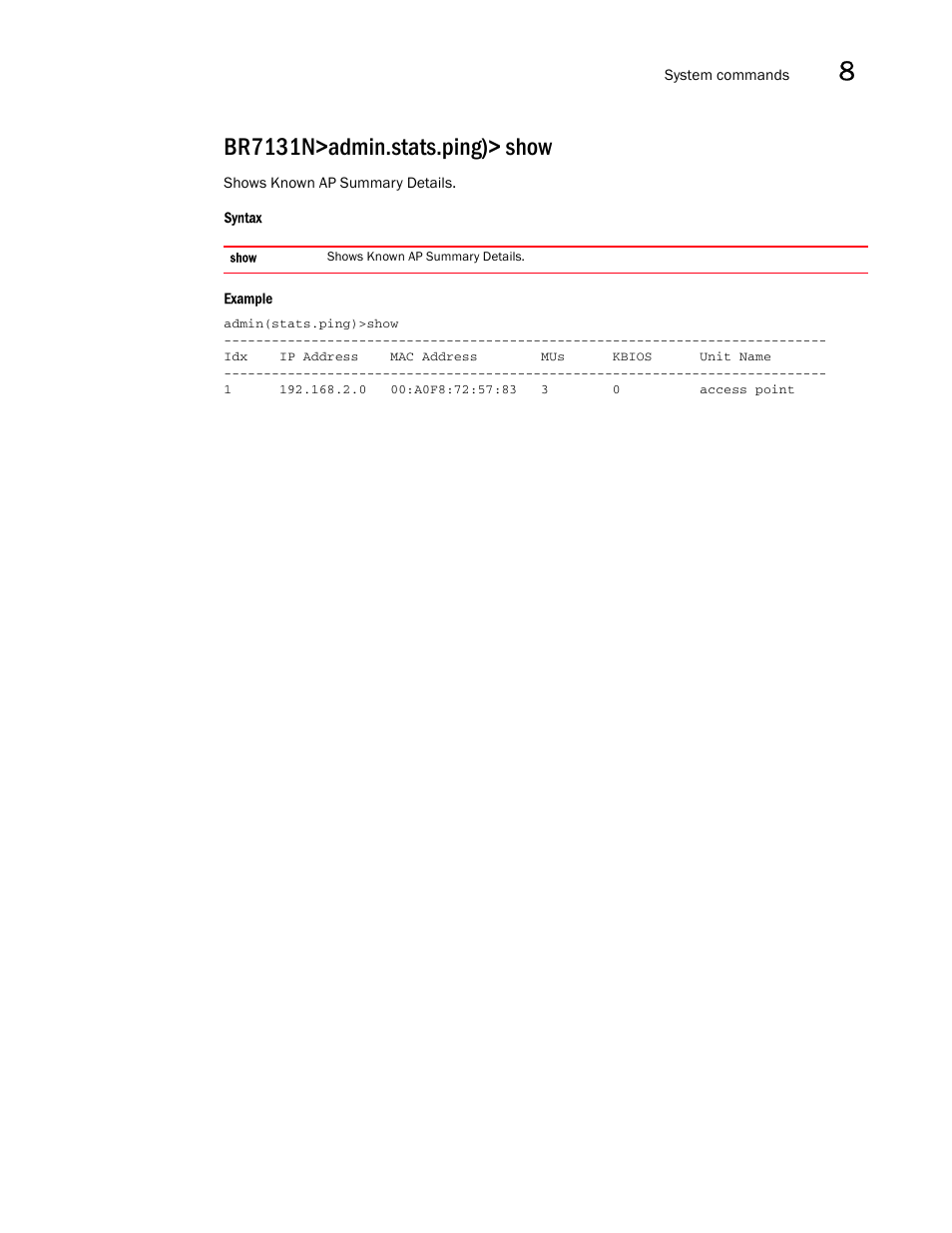Br7131n>admin.stats.ping)> show | Brocade Mobility 7131N-FGR Access Point Product Reference Guide (Supporting software release 4.0.0.0-35GRN and later) User Manual | Page 527 / 593
