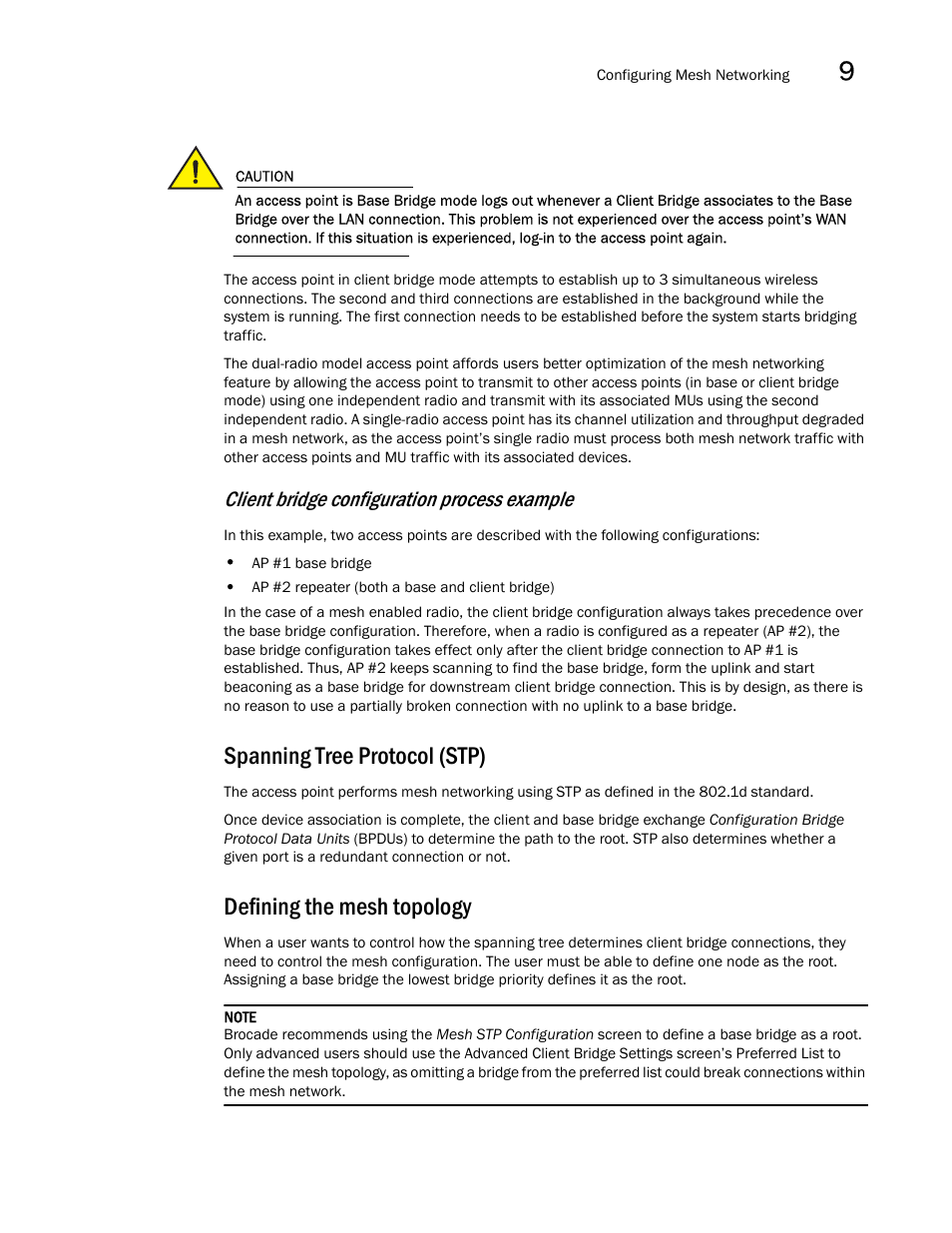 Spanning tree protocol (stp), Defining the mesh topology, Client bridge configuration process example | Brocade Mobility 7131N-FGR Access Point Product Reference Guide (Supporting software release 4.0.0.0-35GRN and later) User Manual | Page 533 / 593