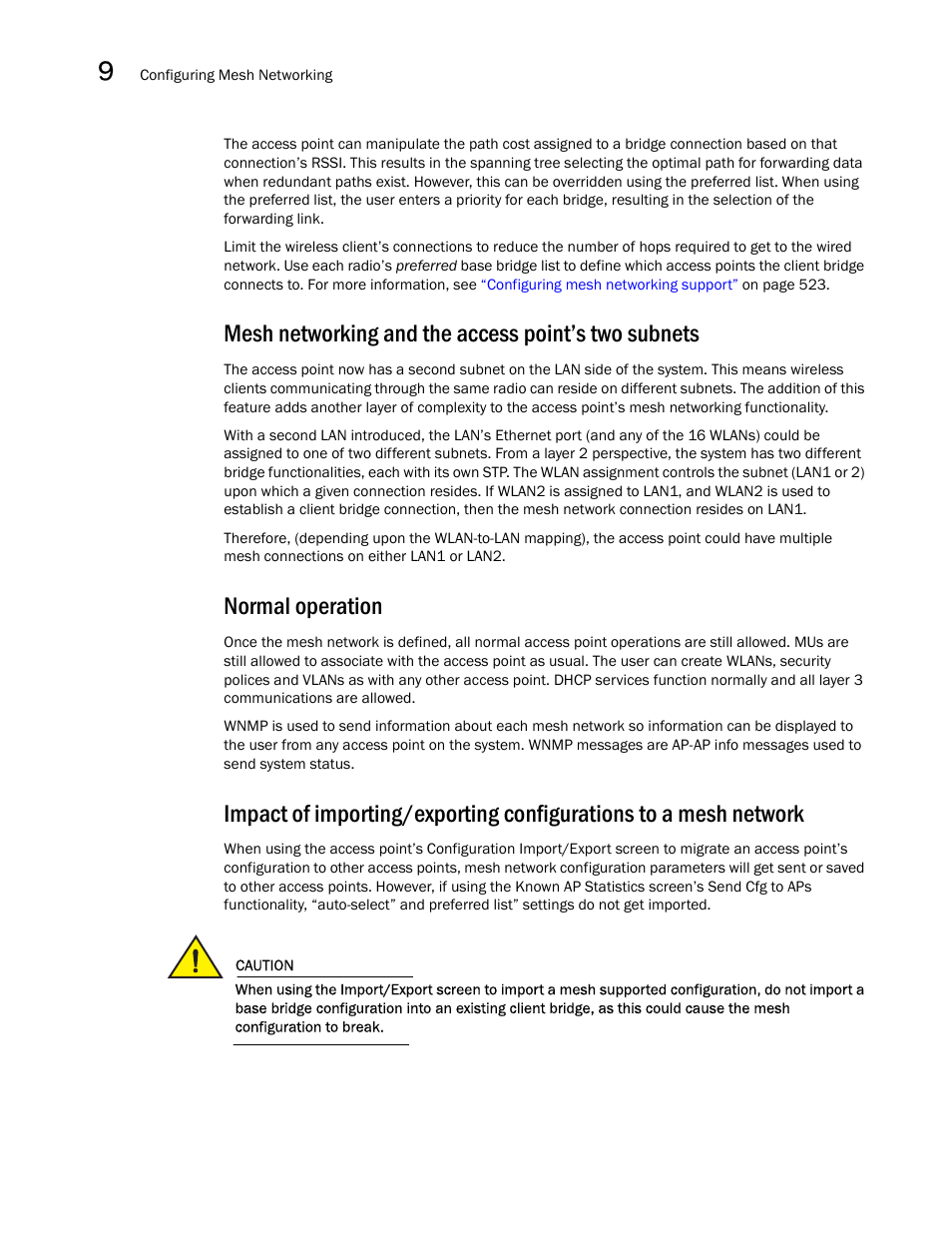 Mesh networking and the access point’s two subnets, Normal operation | Brocade Mobility 7131N-FGR Access Point Product Reference Guide (Supporting software release 4.0.0.0-35GRN and later) User Manual | Page 534 / 593