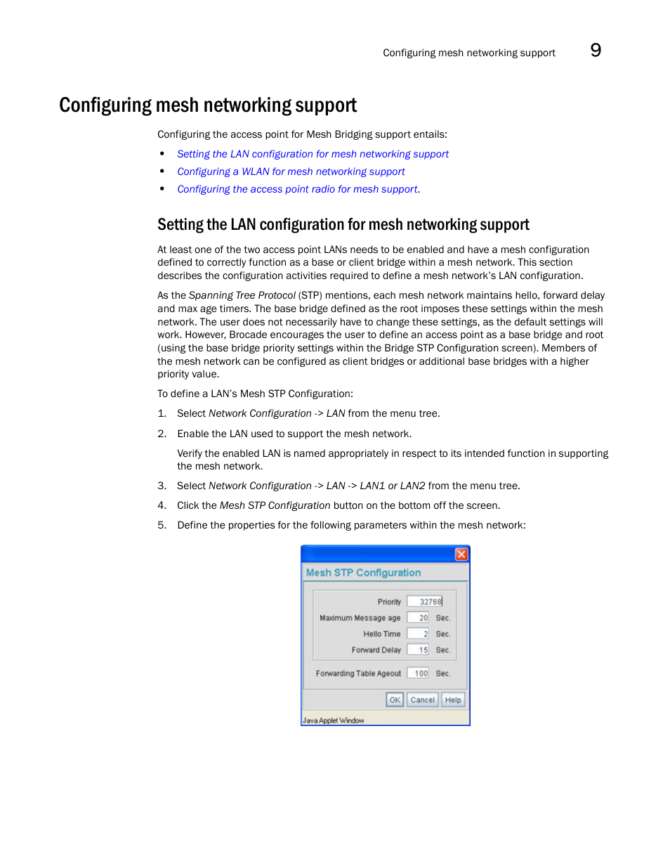 Configuring mesh networking support, Setting the lan configuration for mesh, Networking support | Setting the lan, Configuration for mesh networking support, Configuring mesh | Brocade Mobility 7131N-FGR Access Point Product Reference Guide (Supporting software release 4.0.0.0-35GRN and later) User Manual | Page 535 / 593