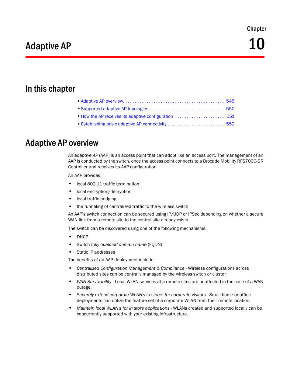 Adaptive ap, Adaptive ap overview, 10 adaptive ap | Brocade Mobility 7131N-FGR Access Point Product Reference Guide (Supporting software release 4.0.0.0-35GRN and later) User Manual | Page 557 / 593