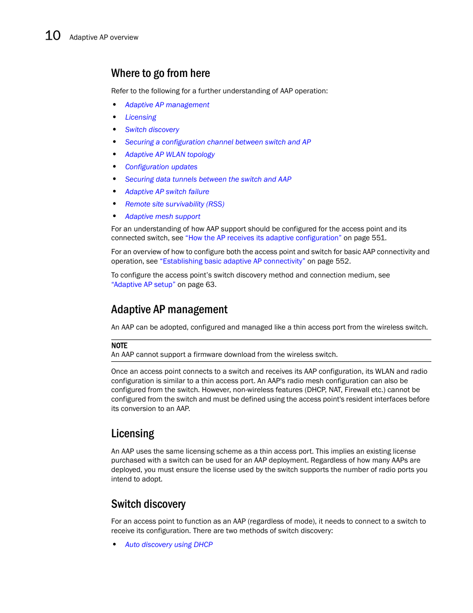 Where to go from here, Adaptive ap management, Licensing | Switch discovery | Brocade Mobility 7131N-FGR Access Point Product Reference Guide (Supporting software release 4.0.0.0-35GRN and later) User Manual | Page 558 / 593