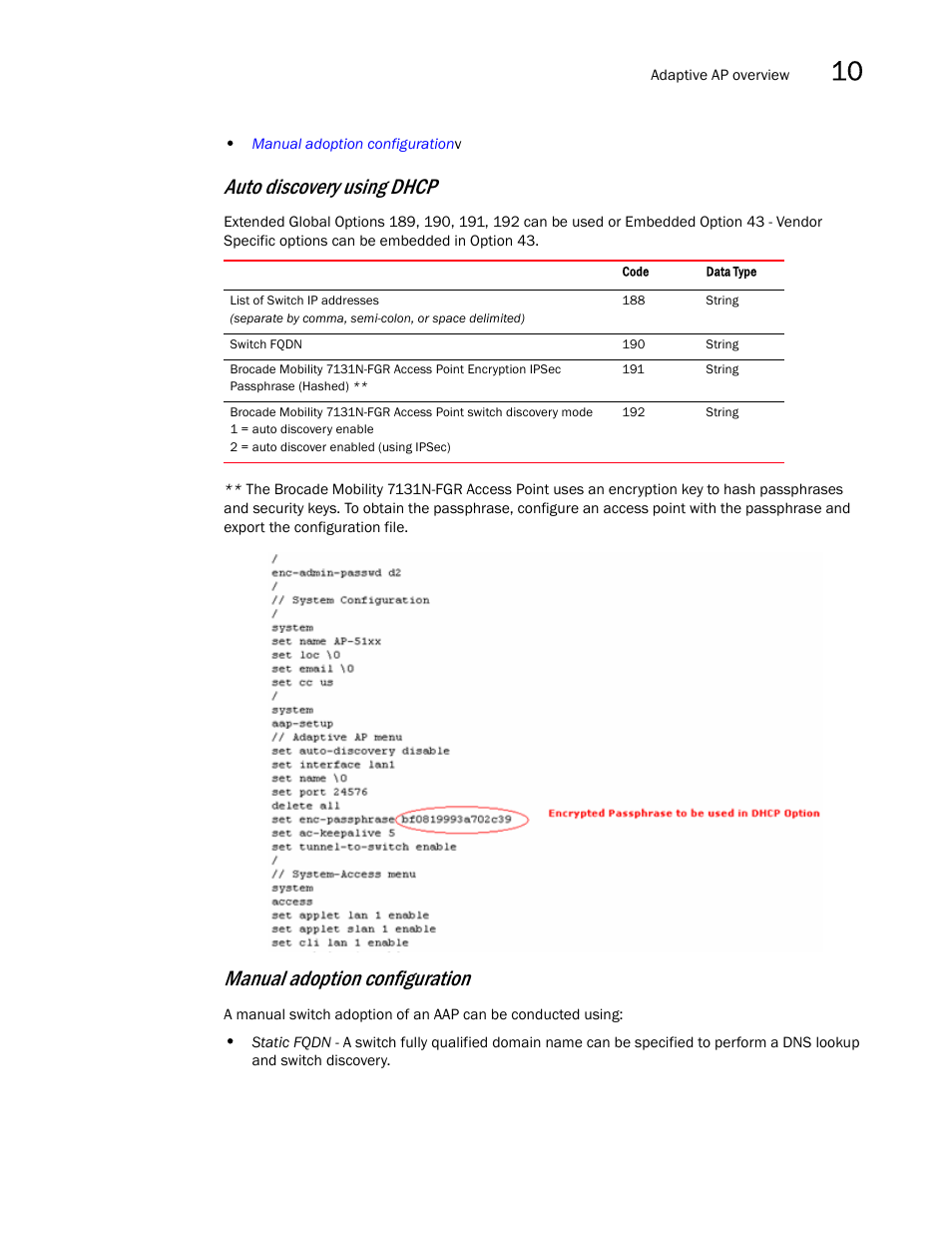 Auto discovery using dhcp, Manual adoption configuration | Brocade Mobility 7131N-FGR Access Point Product Reference Guide (Supporting software release 4.0.0.0-35GRN and later) User Manual | Page 559 / 593