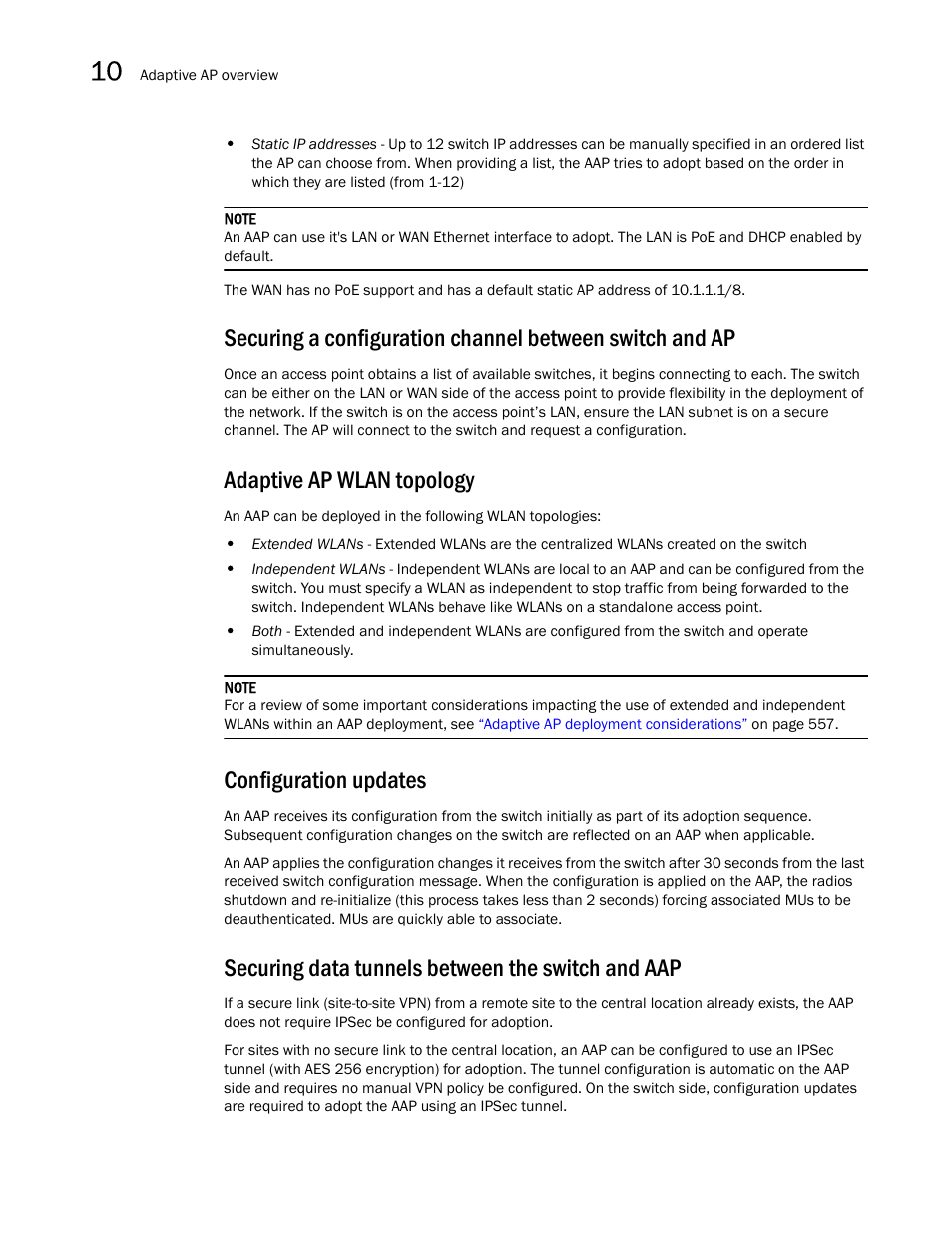 Adaptive ap wlan topology, Configuration updates, Securing data tunnels between the switch and aap | Brocade Mobility 7131N-FGR Access Point Product Reference Guide (Supporting software release 4.0.0.0-35GRN and later) User Manual | Page 560 / 593