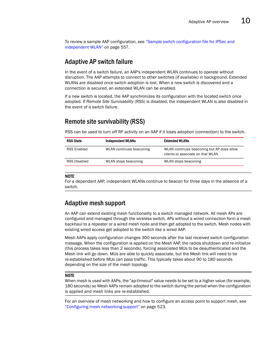 Adaptive ap switch failure, Remote site survivability (rss), Adaptive mesh support | Brocade Mobility 7131N-FGR Access Point Product Reference Guide (Supporting software release 4.0.0.0-35GRN and later) User Manual | Page 561 / 593