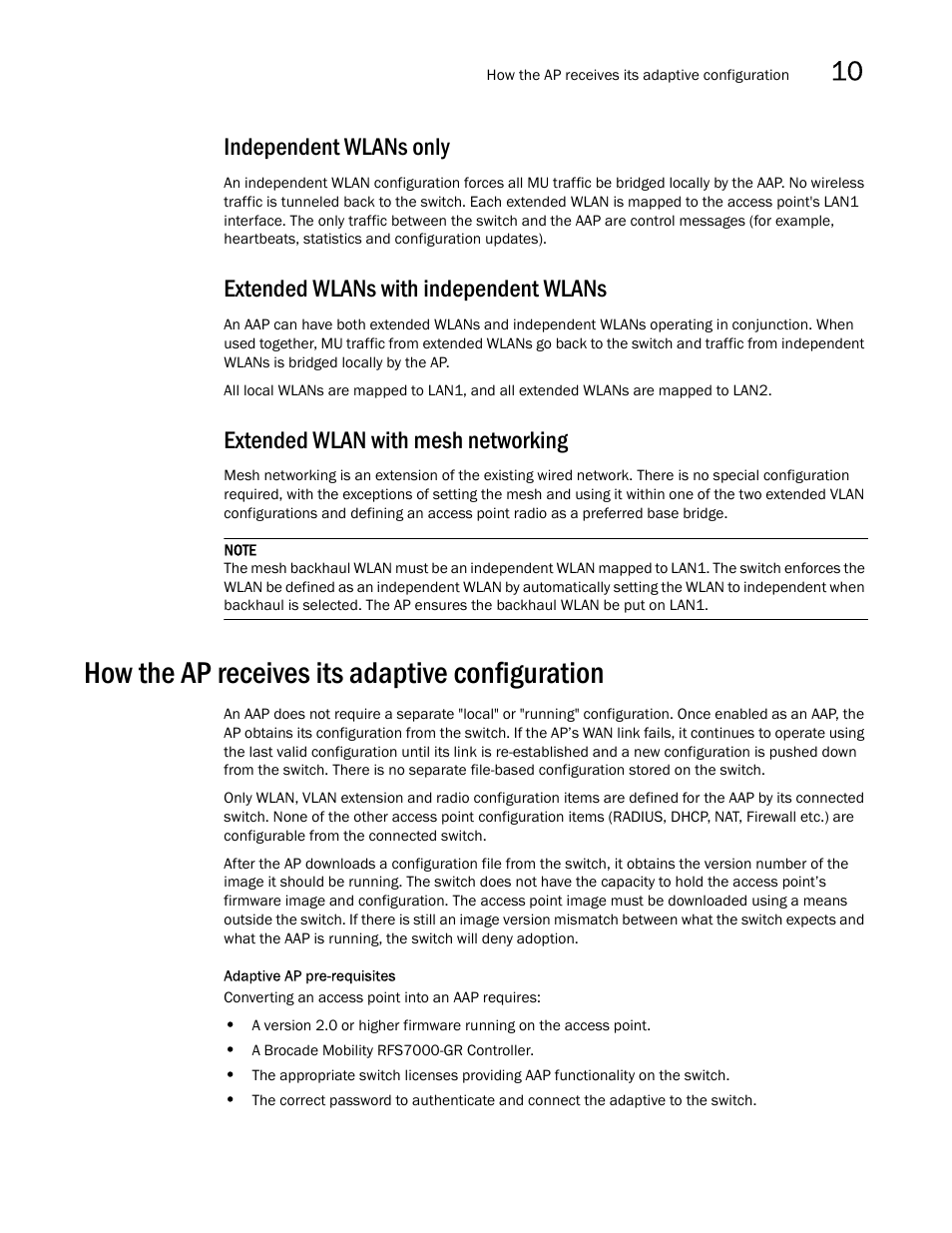 Independent wlans only, Extended wlans with independent wlans, Extended wlan with mesh networking | How the ap receives its adaptive configuration | Brocade Mobility 7131N-FGR Access Point Product Reference Guide (Supporting software release 4.0.0.0-35GRN and later) User Manual | Page 563 / 593
