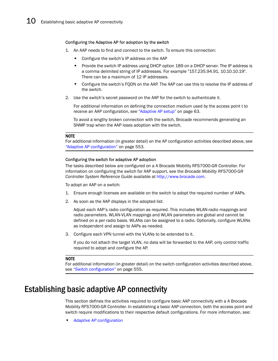 Establishing basic adaptive ap connectivity | Brocade Mobility 7131N-FGR Access Point Product Reference Guide (Supporting software release 4.0.0.0-35GRN and later) User Manual | Page 564 / 593