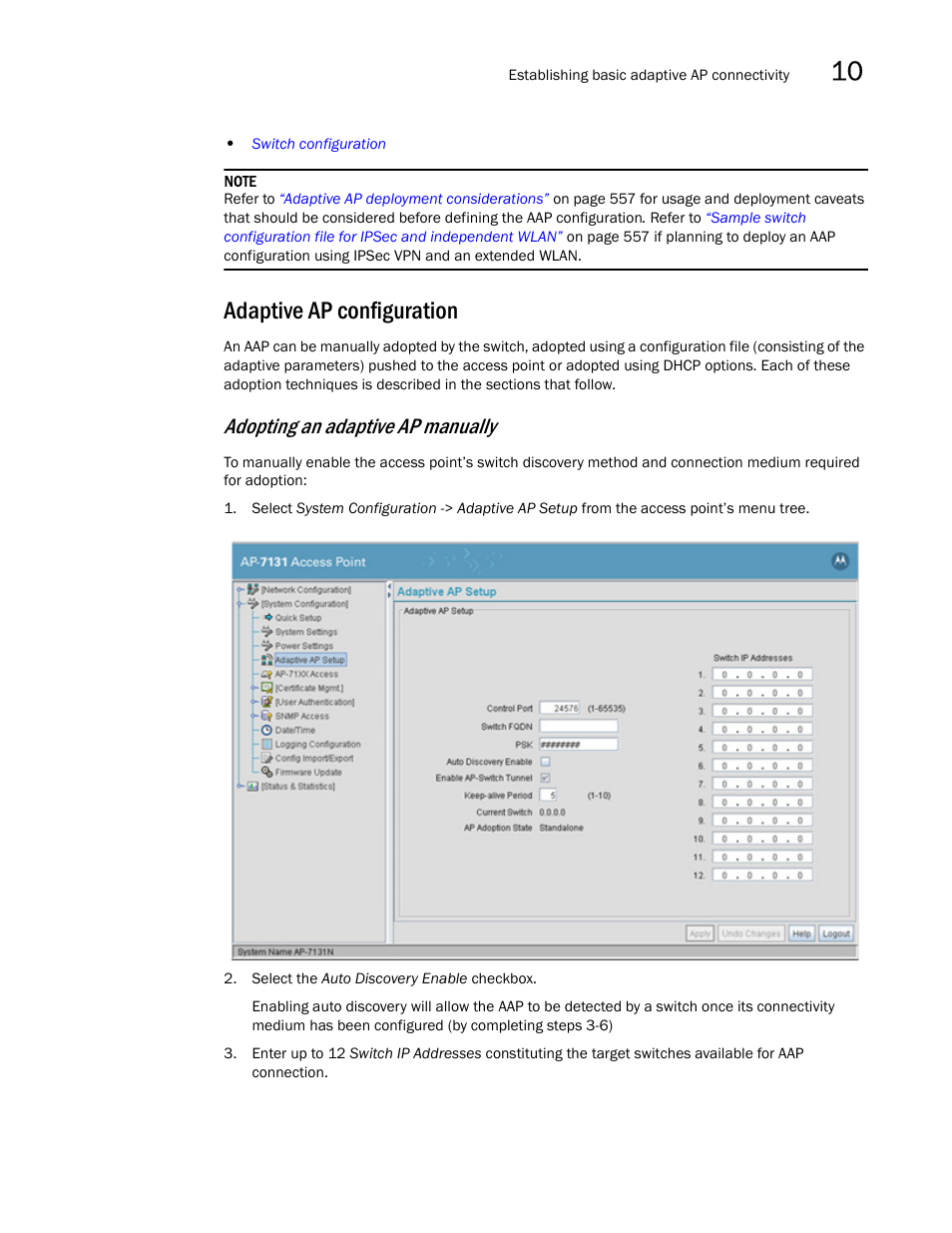 Adaptive ap configuration, Adopting an adaptive ap manually | Brocade Mobility 7131N-FGR Access Point Product Reference Guide (Supporting software release 4.0.0.0-35GRN and later) User Manual | Page 565 / 593