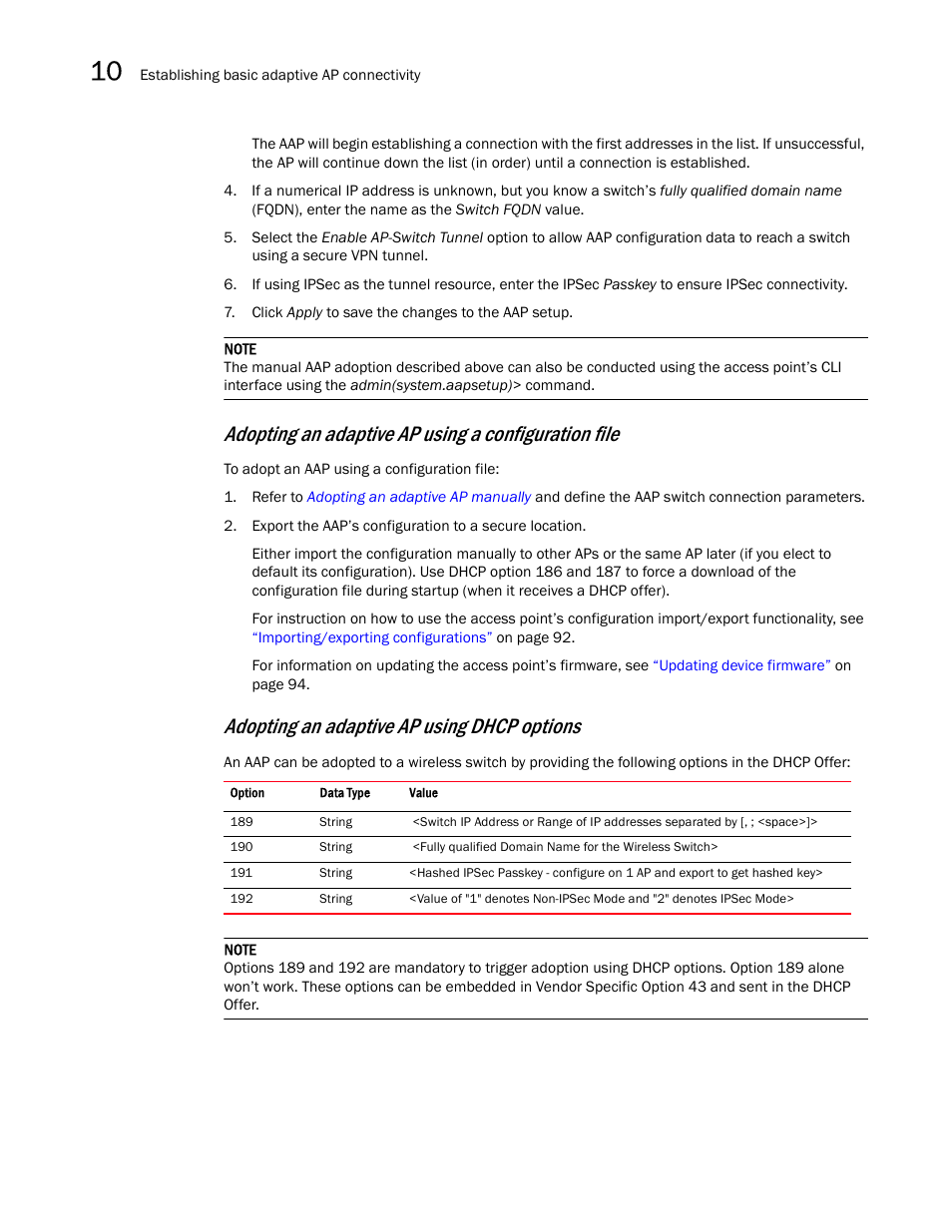 Adopting an adaptive ap using a configuration file, Adopting an adaptive ap using dhcp options | Brocade Mobility 7131N-FGR Access Point Product Reference Guide (Supporting software release 4.0.0.0-35GRN and later) User Manual | Page 566 / 593