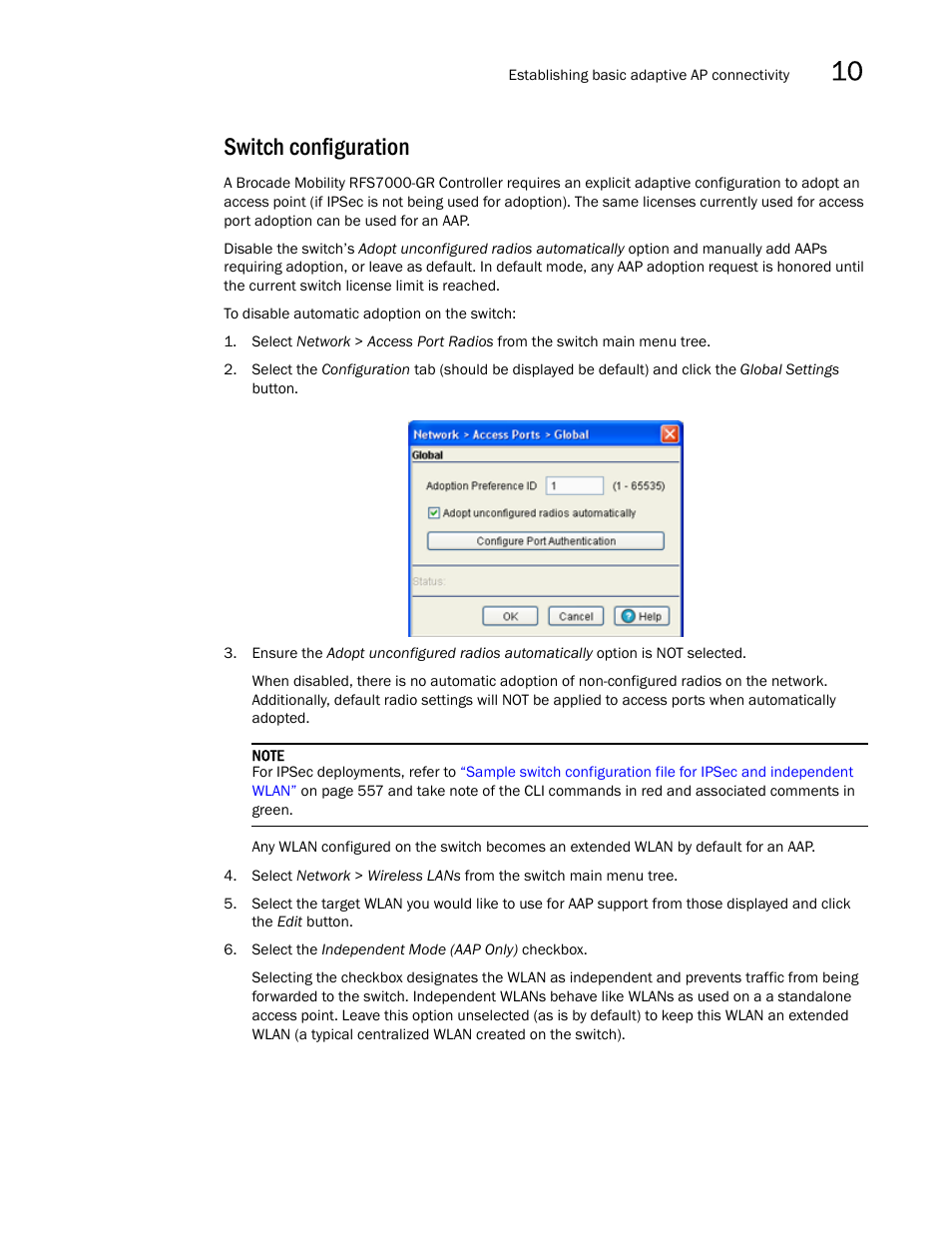 Switch configuration | Brocade Mobility 7131N-FGR Access Point Product Reference Guide (Supporting software release 4.0.0.0-35GRN and later) User Manual | Page 567 / 593