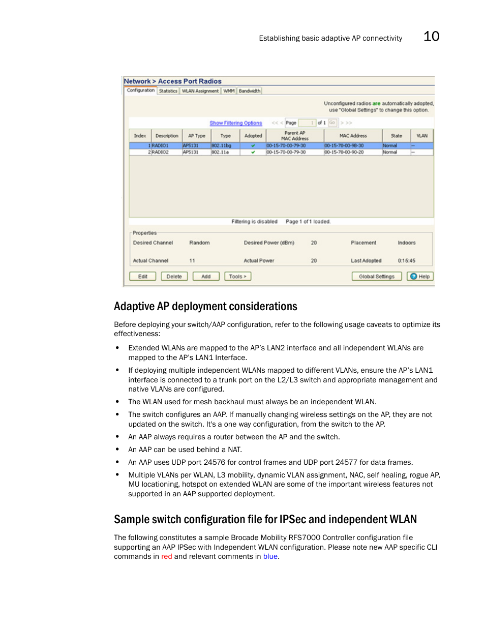 Adaptive ap deployment considerations, Sample switch configuration file for ipsec and, Independent wlan | Sample switch, Configuration file for ipsec and independent wlan, R to, Wlan | Brocade Mobility 7131N-FGR Access Point Product Reference Guide (Supporting software release 4.0.0.0-35GRN and later) User Manual | Page 569 / 593