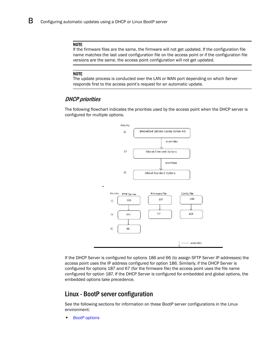 Linux - bootp server configuration, Dhcp priorities | Brocade Mobility 7131N-FGR Access Point Product Reference Guide (Supporting software release 4.0.0.0-35GRN and later) User Manual | Page 582 / 593