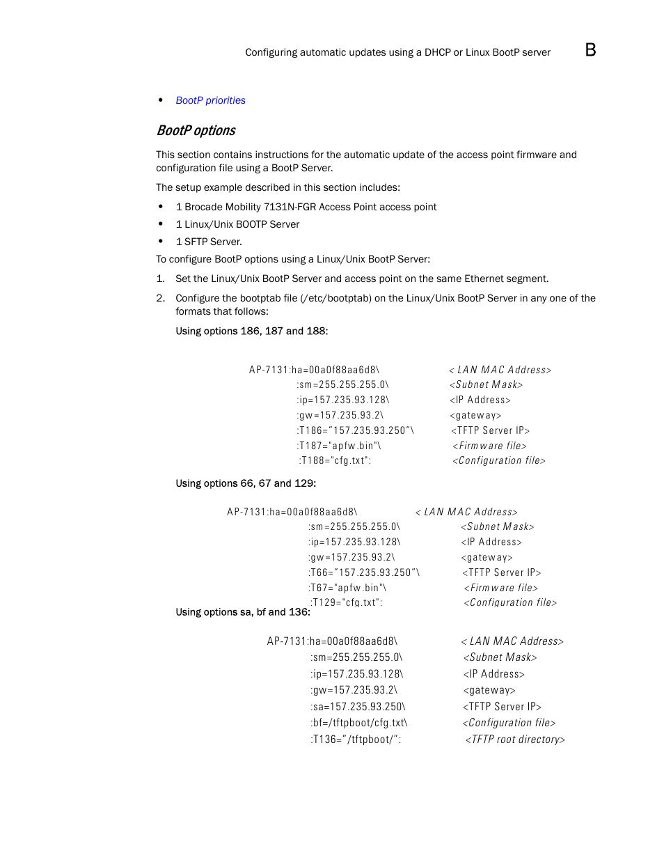 Bootp options | Brocade Mobility 7131N-FGR Access Point Product Reference Guide (Supporting software release 4.0.0.0-35GRN and later) User Manual | Page 583 / 593