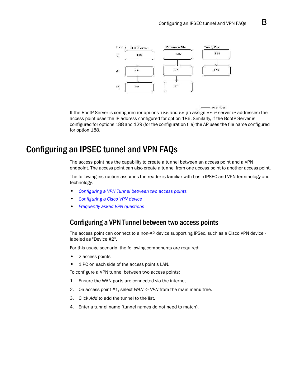 Configuring an ipsec tunnel and vpn faqs, Configuring a vpn tunnel between two access points | Brocade Mobility 7131N-FGR Access Point Product Reference Guide (Supporting software release 4.0.0.0-35GRN and later) User Manual | Page 585 / 593