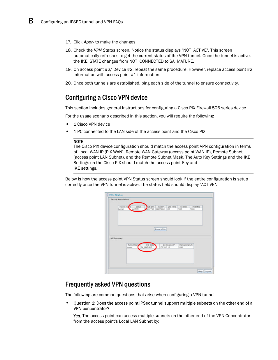 Configuring a cisco vpn device, Frequently asked vpn questions | Brocade Mobility 7131N-FGR Access Point Product Reference Guide (Supporting software release 4.0.0.0-35GRN and later) User Manual | Page 588 / 593
