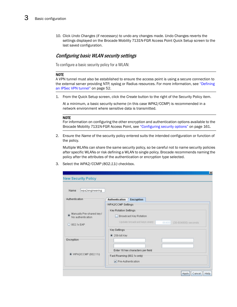 Configuring basic, Wlan security settings, Configuring basic wlan security settings | Brocade Mobility 7131N-FGR Access Point Product Reference Guide (Supporting software release 4.0.0.0-35GRN and later) User Manual | Page 62 / 593