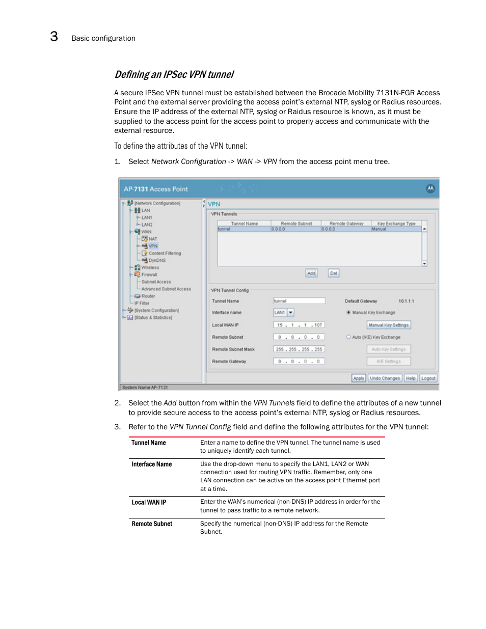 Defining, An ipsec vpn tunnel, Defining an ipsec vpn tunnel | Brocade Mobility 7131N-FGR Access Point Product Reference Guide (Supporting software release 4.0.0.0-35GRN and later) User Manual | Page 64 / 593