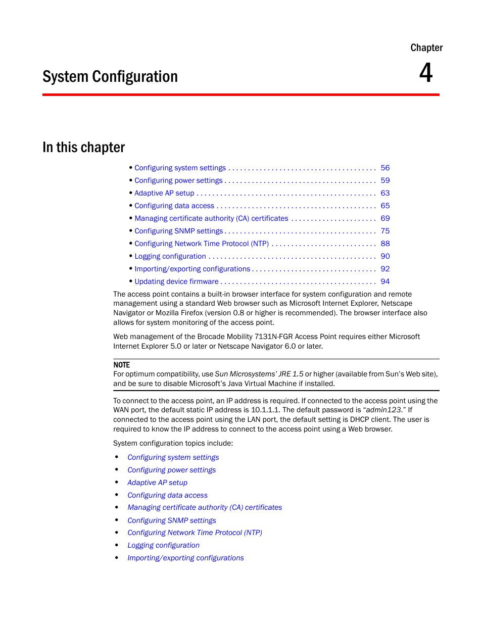 System configuration, 4 system configuration | Brocade Mobility 7131N-FGR Access Point Product Reference Guide (Supporting software release 4.0.0.0-35GRN and later) User Manual | Page 67 / 593